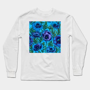 blue poppies flowers and leaves Long Sleeve T-Shirt